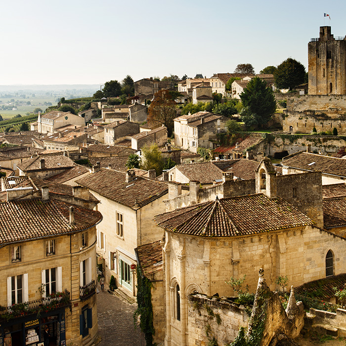 The town of St Emilion stands on a crest overlooking the wide vineyards of the Right Bank: the countryside here is considerably hillier than the Médoc and Graves districts of the Left Bank. Photograph: Jason Lowe
